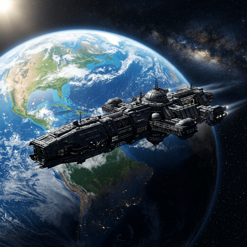 Spaceship named Aether Red orbiting Earth with visible continents and stars