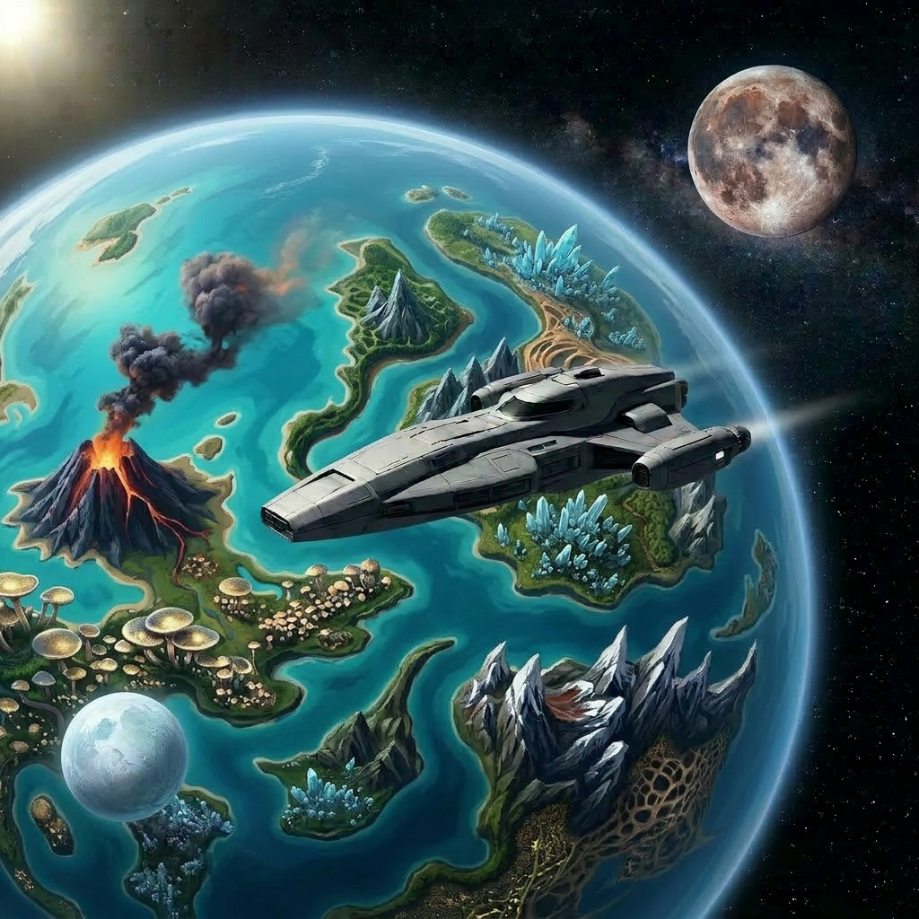 Spaceship named Aether Red orbiting Earth with visible continents and stars