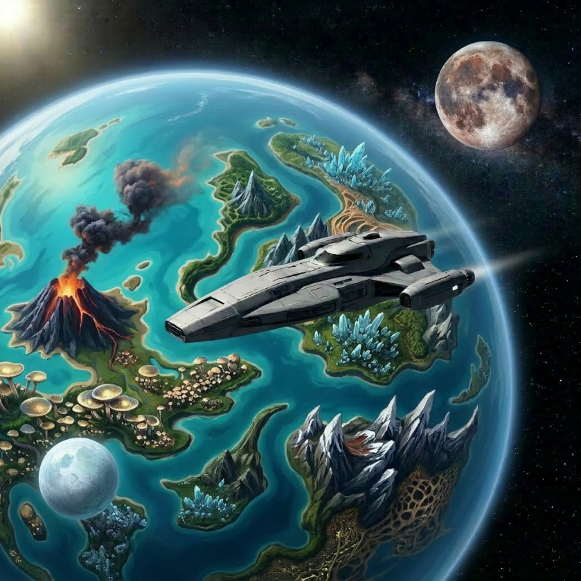 Spaceship named Aether Red orbiting Earth with visible continents and stars